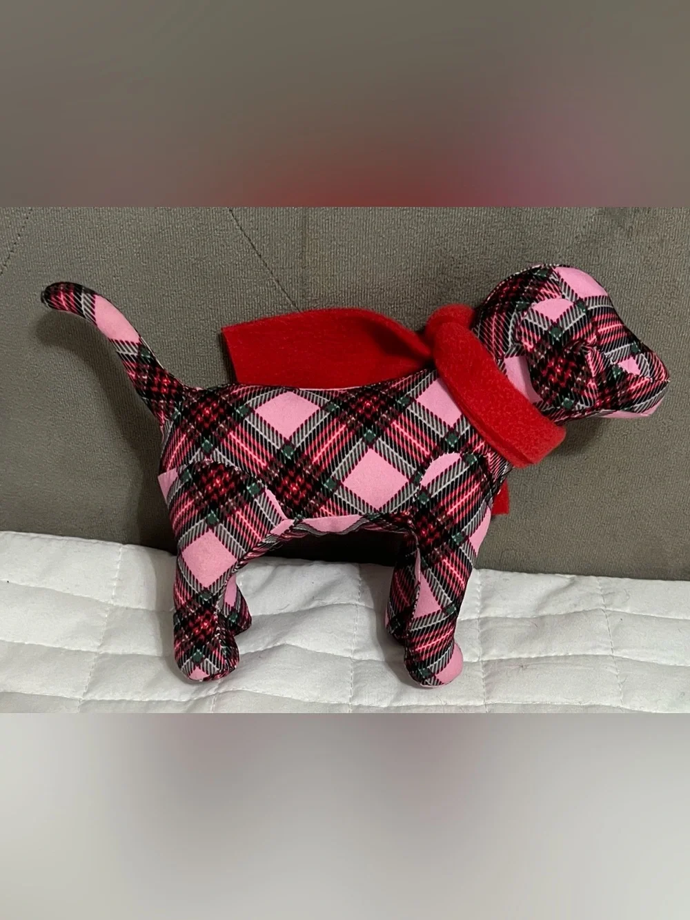 PINK Victoria's Secret Plaid Dog Stuffed Animal Toy with Red Scarf -no tag